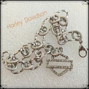 HARLEY DAVIDSON MOTORCYCLES Rhinestone Bar & Shield Charm Bracelet Stainless